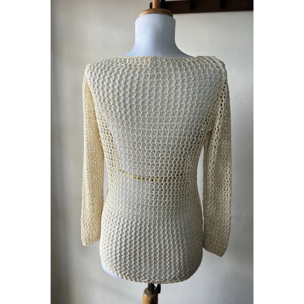 ZARAKNIT Beige Knit Openwork Long Sleeve Boat Neck Women's Top Small